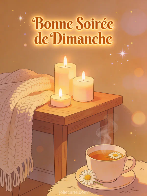 Scène de soirée cosy avec bougies allumées couverture douce et tisane avec le texte Bonne Soirée de Dimanche