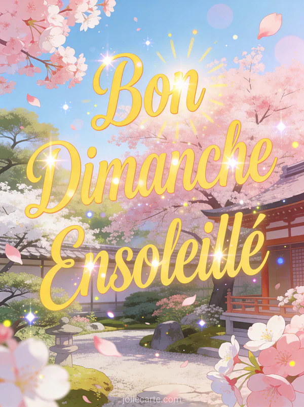 Cerisiers japonais en fleurs avec pétales roses dansant dans la brise avec le texte Bon Dimanche Ensoleillé