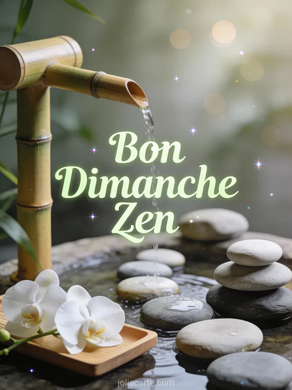 Décor spa zen avec fontaine bambou pierres lisses et orchidées blanches avec le texte Bon Dimanche Zen