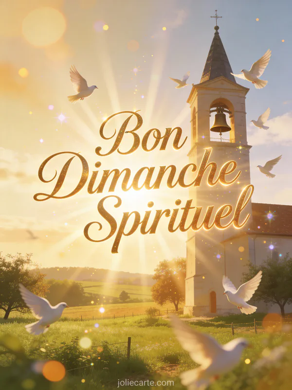 Clocher d'église à l'heure dorée avec colombes en vol et lumière divine avec le texte Bon Dimanche Spirituel
