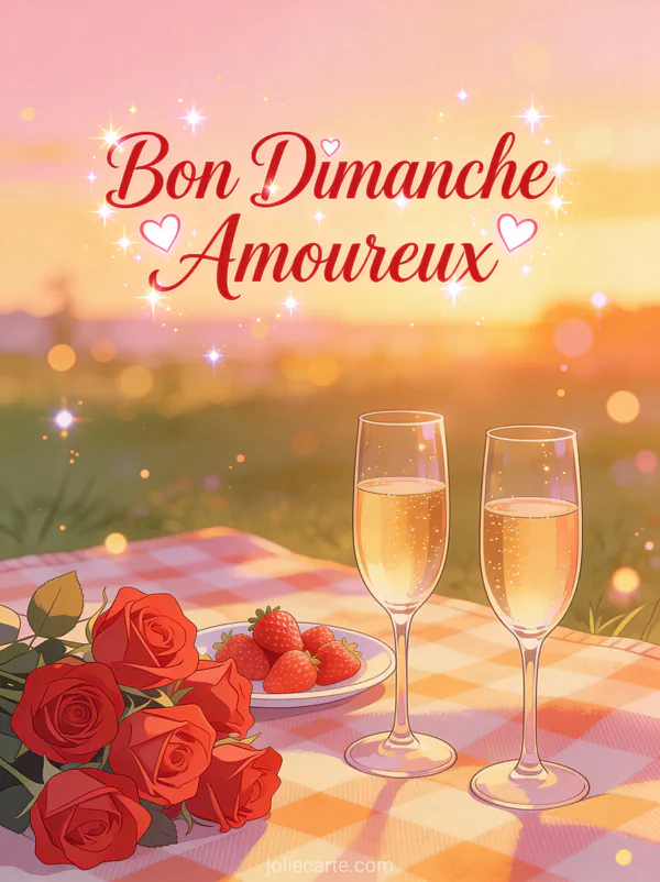 Pique-nique romantique pour deux avec champagne fraises et roses au coucher du soleil avec le texte Bon Dimanche Amoureux