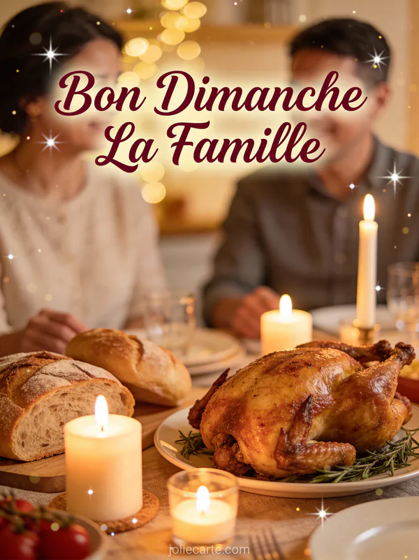 Table de repas dominical avec poulet rôti pain frais et bougies avec le texte Bon Dimanche La Famille