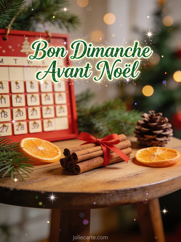Calendrier de l'Avent avec bâtons de cannelle tranches d'orange et pommes de pin avec le texte Bon Dimanche Avant Noël