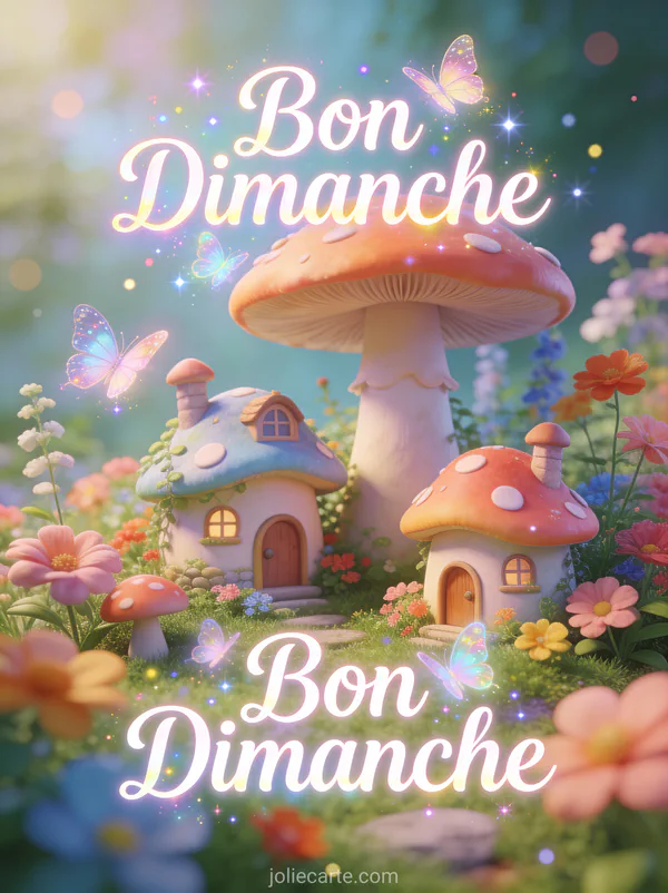 Jardin de fées avec petites maisons champignons fleurs colorées et papillons avec le texte Bon Dimanche