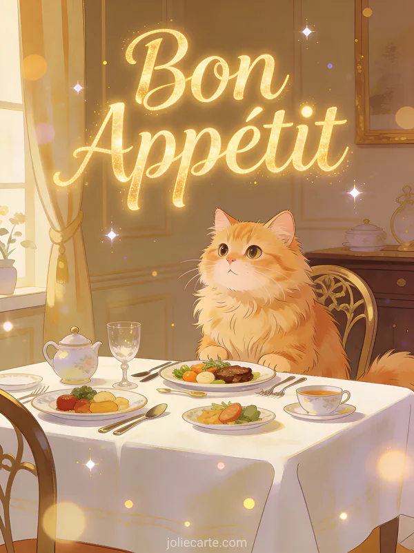 Chat roux assis devant une belle table dressée avec le texte Bon Appétit en lettres dorées