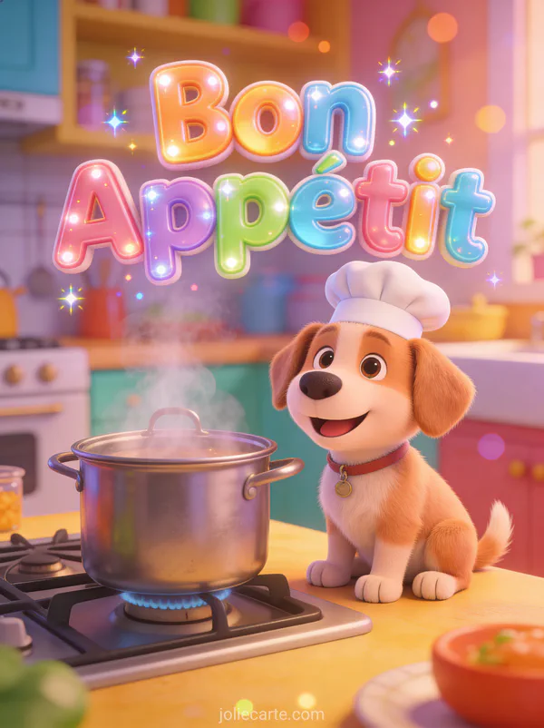Illustration cartoon d'un chiot avec une toque de chef à côté d'une marmite fumante avec le texte Bon Appétit