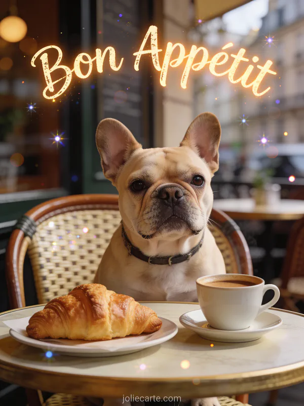 Bouledogue français assis à une table de bistro parisien avec croissant et café avec le texte Bon Appétit