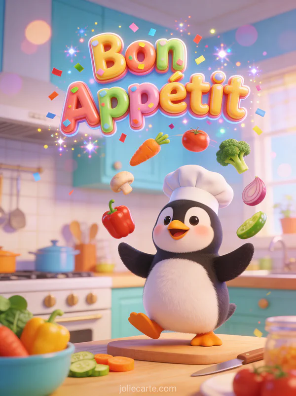 Illustration cartoon d'un pingouin avec une toque de chef jonglant avec des légumes colorés avec le texte Bon Appétit