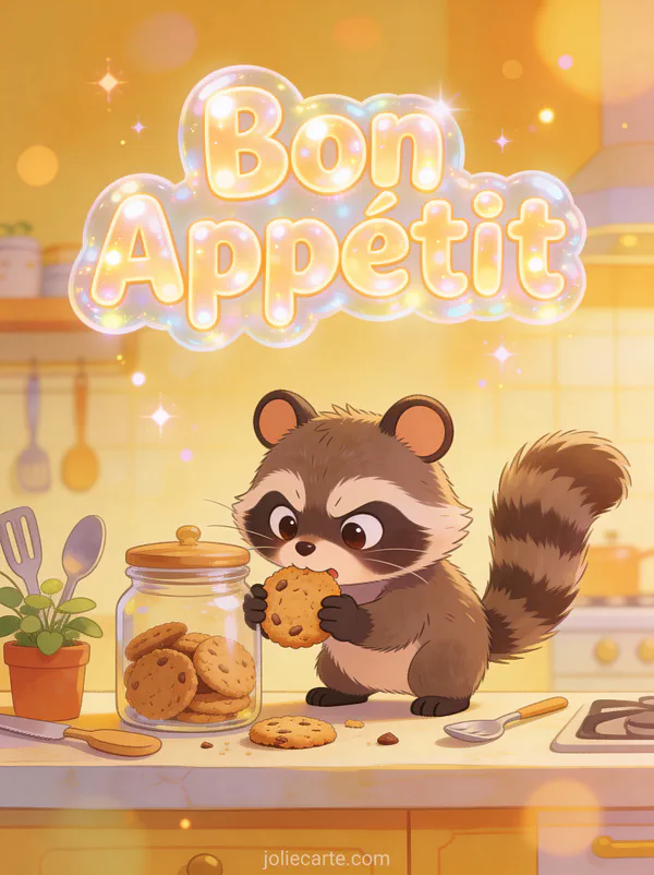 Illustration cartoon d'un raton laveur volant un cookie dans un bocal avec un air coupable avec le texte Bon Appétit
