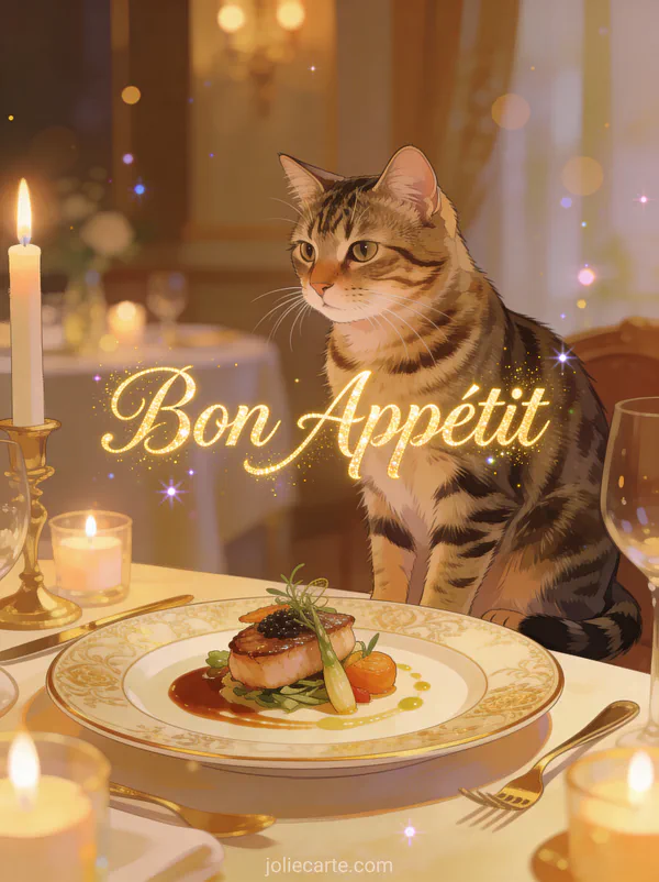 Chat tigré élégant assis près d'un plat gastronomique aux chandelles avec le texte Bon Appétit en lettres dorées