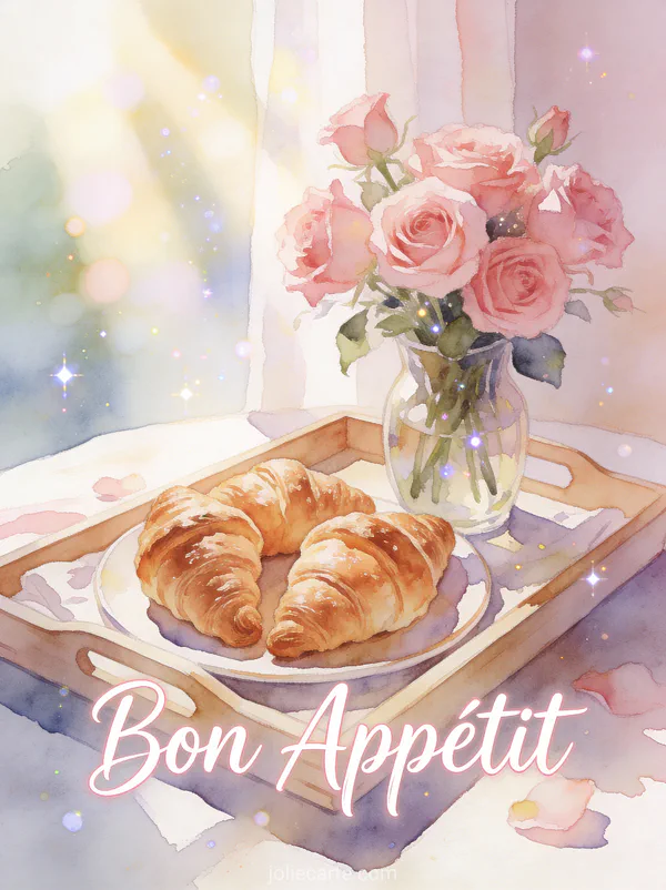 Plateau petit-déjeuner avec croissants frais et vase de roses roses dans la lumière du matin avec le texte Bon Appétit