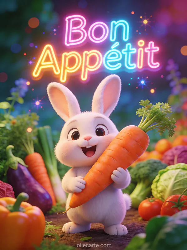 Illustration 3D d'un lapin mignon tenant une carotte géante dans un potager coloré avec le texte Bon Appétit