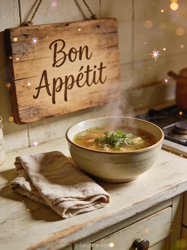 Bol de soupe maison fumante avec herbes fraîches sur table rustique avec le texte Bon Appétit manuscrit