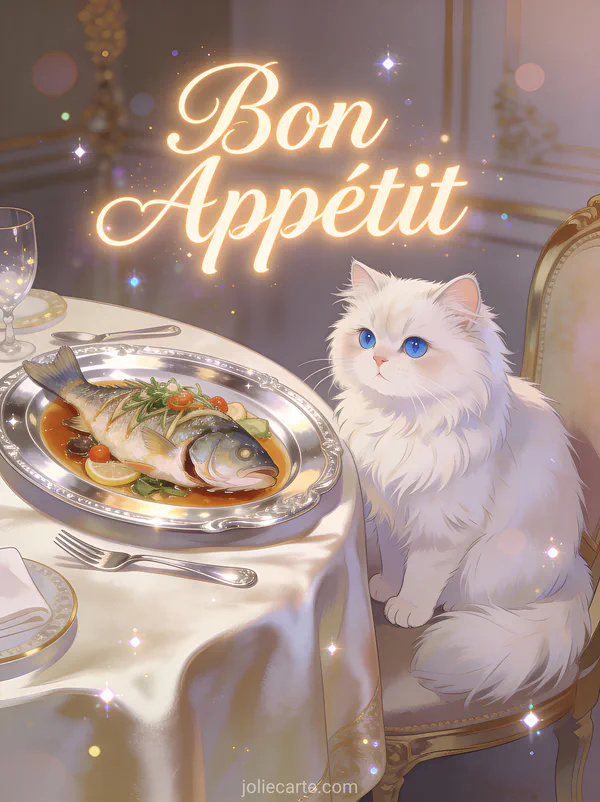 Chat persan blanc aux yeux bleus assis près d'un plat de poisson sur plateau argenté avec le texte Bon Appétit