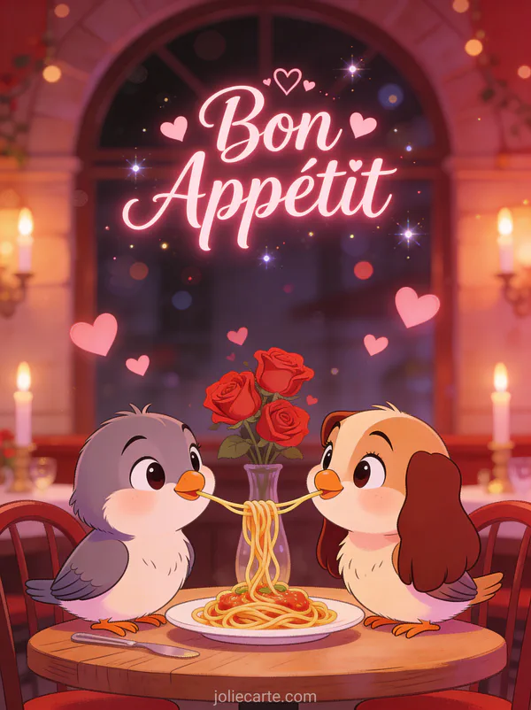 Illustration de deux oiseaux amoureux partageant un spaghetti dans une trattoria avec bougies et roses avec le texte Bon Appétit