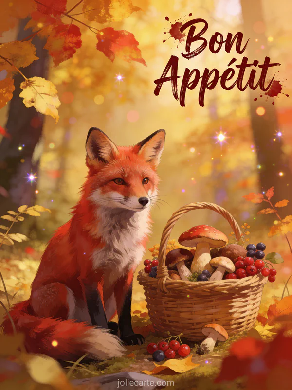 Renard roux assis en forêt d'automne avec un panier de champignons et baies sauvages avec le texte Bon Appétit