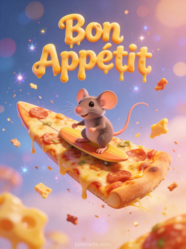 Illustration cartoon d'une souris surfant sur une part de pizza géante avec fromage fondu avec le texte Bon Appétit