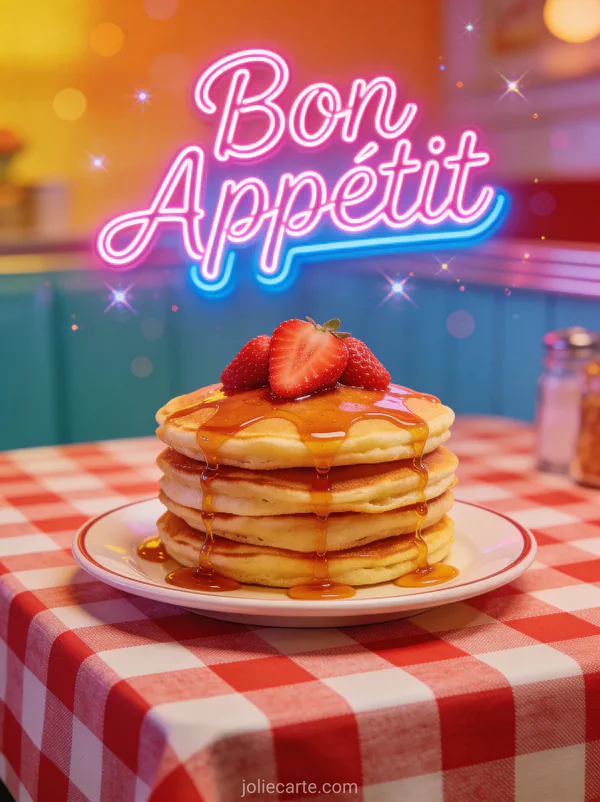 Pile de pancakes moelleux avec fraises et sirop d'érable sur nappe à carreaux style diner américain avec le texte Bon Appétit