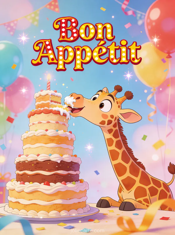 Illustration cartoon d'une girafe mangeant un gâteau géant avec du glaçage sur le nez avec le texte Bon Appétit