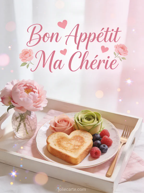 Plateau petit-déjeuner avec toast en coeur avocat et baies fraîches avec pivoines roses et le texte Bon Appétit Ma Chérie