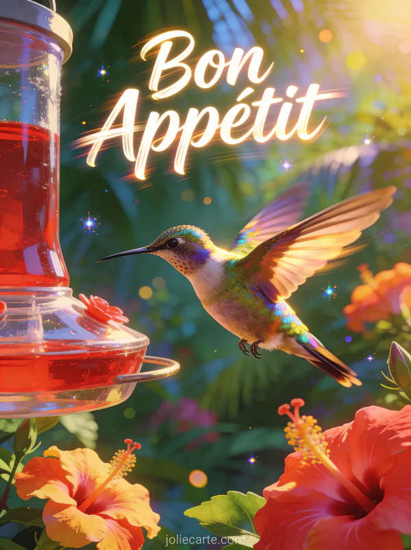 Colibri iridescent en vol près d'un abreuvoir avec hibiscus tropicaux avec le texte Bon Appétit