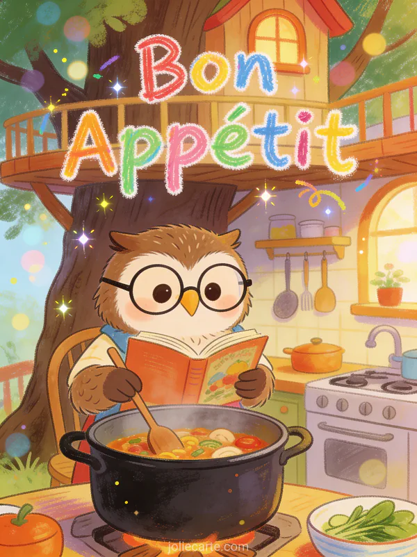 Illustration style livre d'enfant d'un hibou avec lunettes lisant un livre de cuisine dans une cabane dans l'arbre avec le texte Bon Appétit