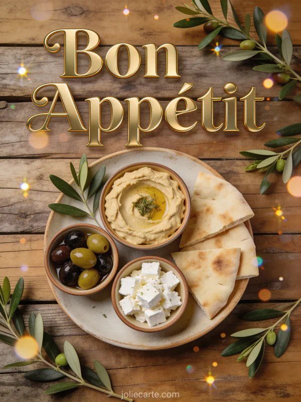 Vue du dessus d'un mezze méditerranéen avec houmous olives feta et pain pita sur table en bois avec le texte Bon Appétit doré