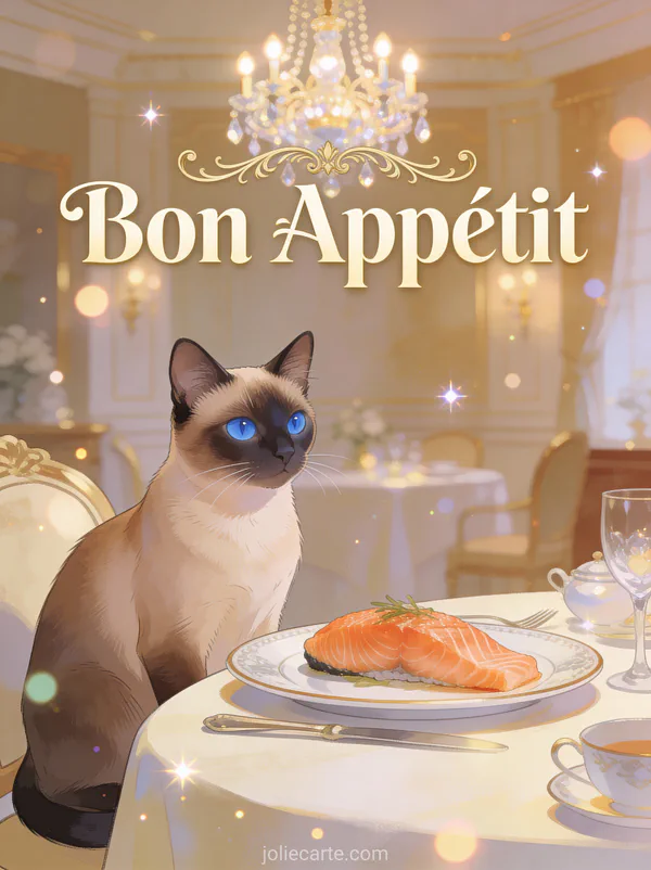 Chat siamois aux yeux bleus assis élégamment près d'un filet de saumon sur porcelaine fine avec le texte Bon Appétit vintage