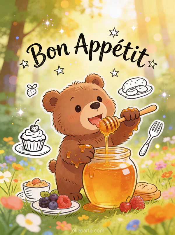 Illustration cartoon d'un ourson léchant du miel d'un gros pot avec les pattes collantes dans une prairie fleurie avec le texte Bon Appétit