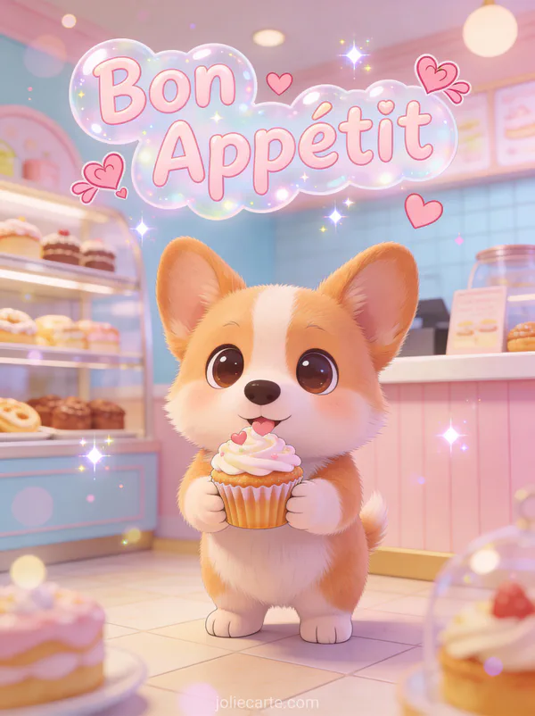 Illustration cartoon d'un corgi aux grands yeux tenant un cupcake avec coeurs et bisous dans une pâtisserie pastel avec le texte Bon Appétit