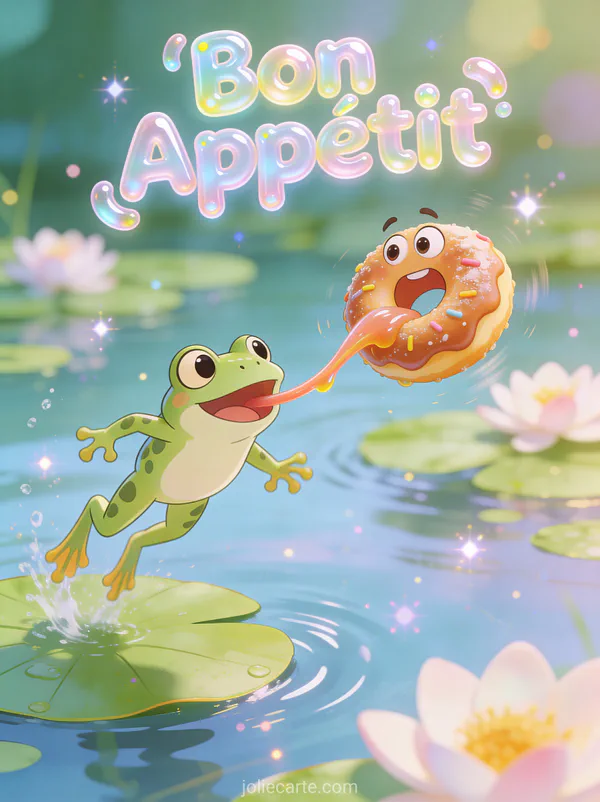 Illustration cartoon d'une grenouille attrapant un donut avec sa langue sur un nénuphar avec le texte Bon Appétit