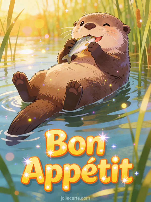 Illustration cartoon d'une loutre flottant sur le dos mangeant un poisson dans une rivière ensoleillée avec le texte Bon Appétit
