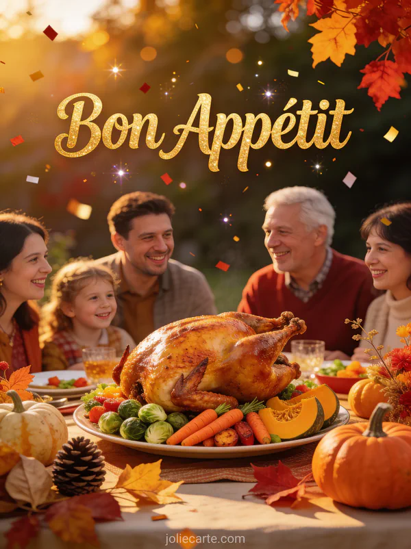 Table de fête avec dinde rôtie légumes et décorations d'automne dans une lumière dorée avec le texte Bon Appétit