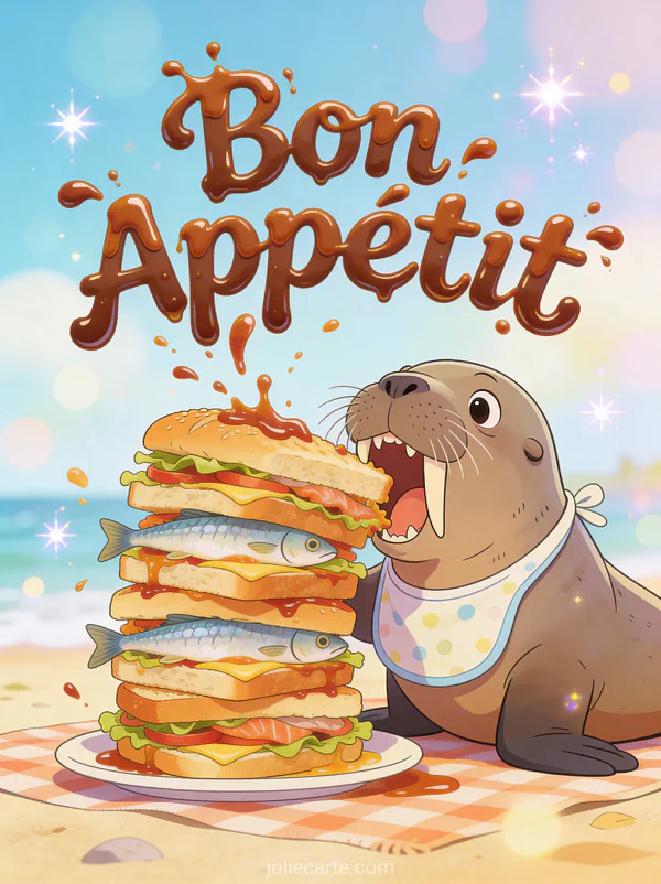 Illustration cartoon d'un morse avec un bavoir devant une pile de sandwichs au poisson sur la plage avec le texte Bon Appétit