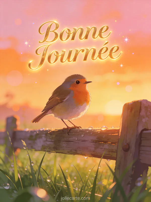 Rouge-gorge posé sur une clôture en bois au lever du soleil avec le texte Bonne Journée