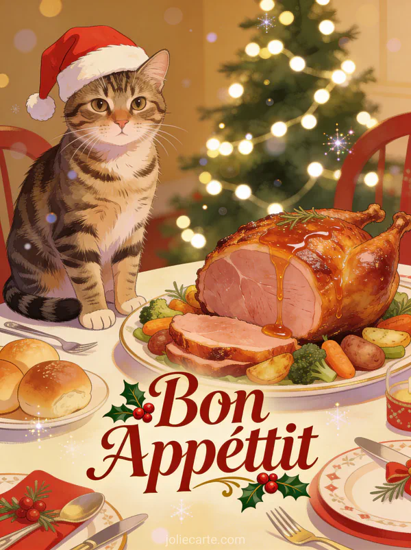 Chat tigré avec bonnet de Père Noël près d'un repas de Noël avec jambon et sapin illuminé avec le texte Bon Appétit