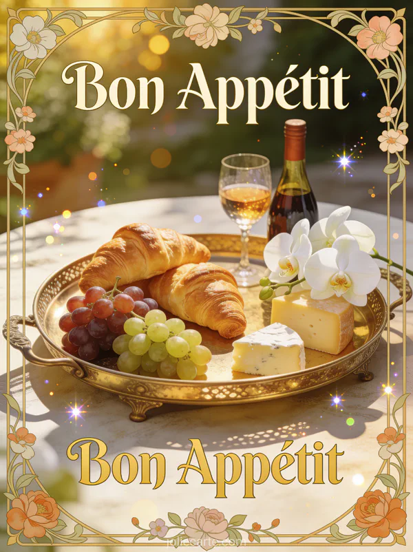 Nature morte provençale avec croissants raisins fromage et vin avec orchidées blanches dans la lumière dorée avec le texte Bon Appétit