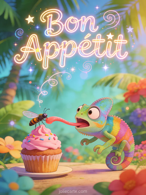 Illustration cartoon d'un caméléon changeant de couleurs essayant d'attraper une mouche sur un cupcake avec le texte Bon Appétit