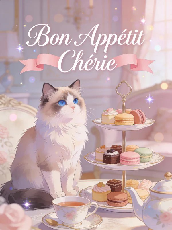 Chat ragdoll aux yeux bleus près d'un service à thé avec macarons et petits fours dans un décor pastel avec le texte Bon Appétit Chérie