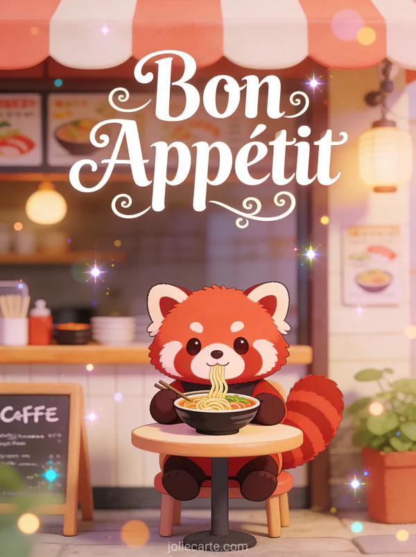 Illustration kawaii d'un panda roux assis dans un restaurant de ramen japonais avec un bol fumant avec le texte Bon Appétit