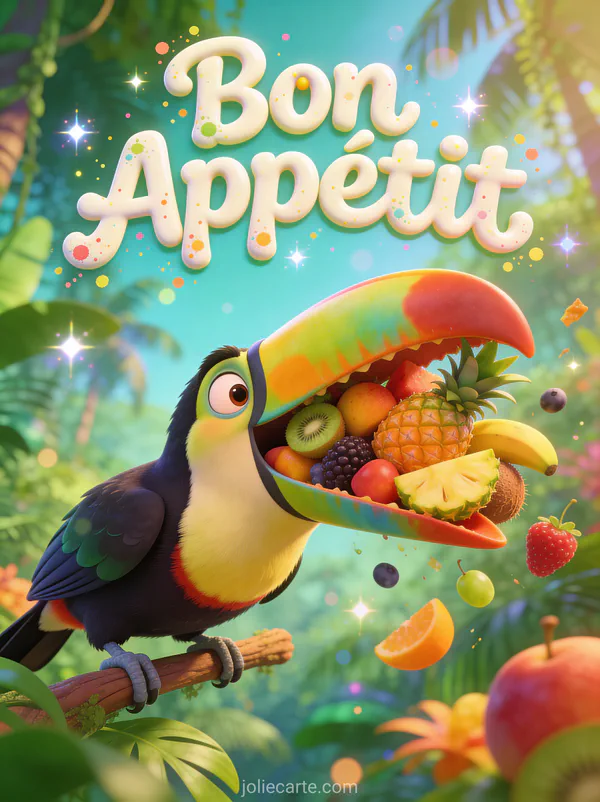 Illustration cartoon d'un toucan au bec coloré débordant de fruits tropicaux dans la forêt tropicale avec le texte Bon Appétit