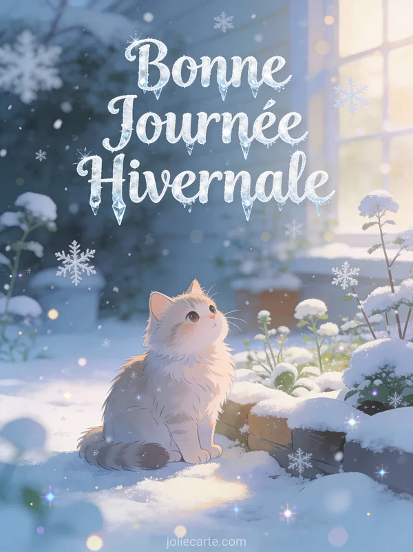 Chat duveteux assis dans un jardin enneigé avec flocons et le texte Bonne Journée Hivernale
