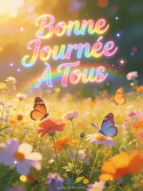 Champ de fleurs sauvages au coucher du soleil avec papillons et le texte Bonne Journée À Tous