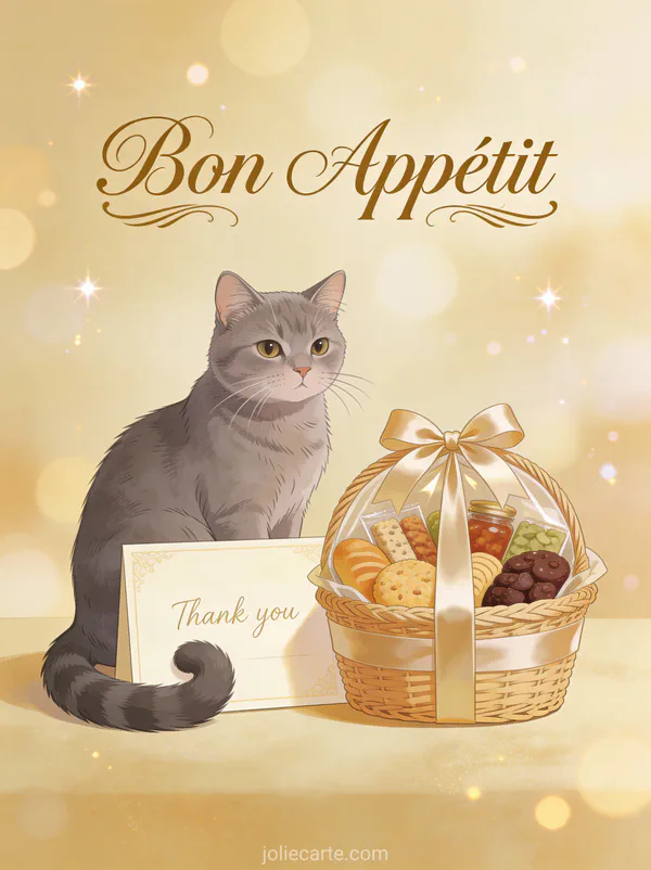 Chat gris distingué assis près d'un panier cadeau gourmand avec carte de remerciement avec le texte Bon Appétit