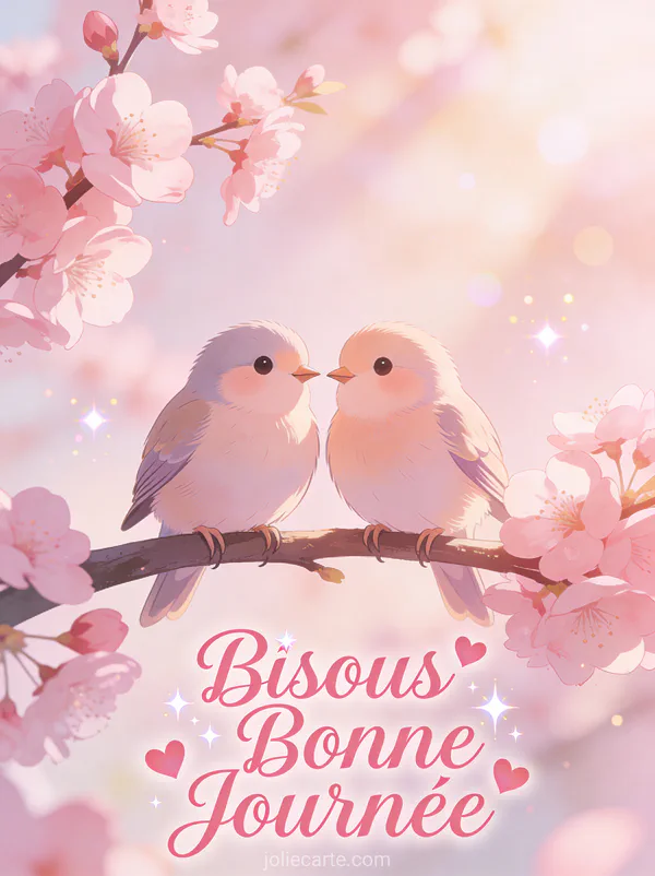 Deux oiseaux amoureux sur une branche de cerisier en fleurs avec le texte Bisous Bonne Journée