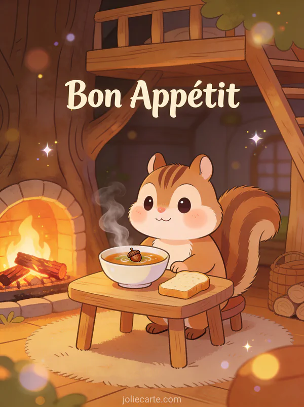 Illustration cartoon d'un tamia aux joues pleines devant un bol de soupe et du pain dans une cabane avec cheminée avec le texte Bon Appétit
