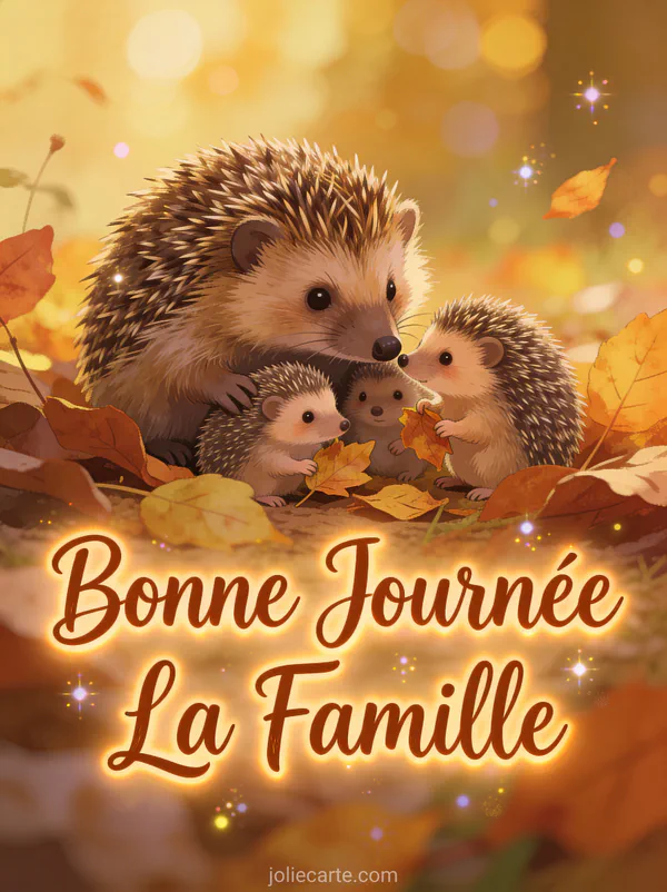 Famille de hérissons mignons dans les feuilles d'automne avec le texte Bonne Journée La Famille