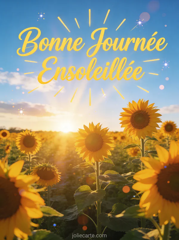 Champ de tournesols au lever du soleil avec lumière dorée et le texte Bonne Journée Ensoleillée