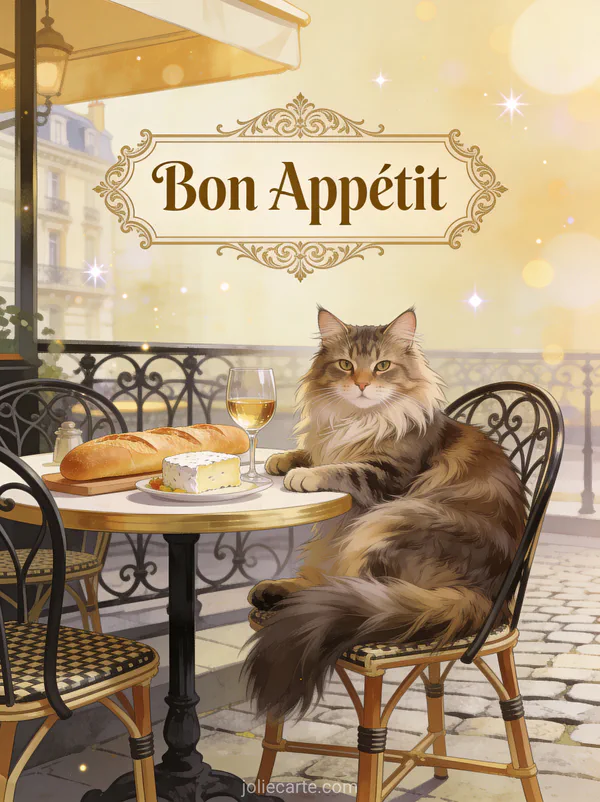 Chat des forêts norvégiennes près d'une baguette brie et vin sur une terrasse de bistro parisien avec le texte Bon Appétit classique