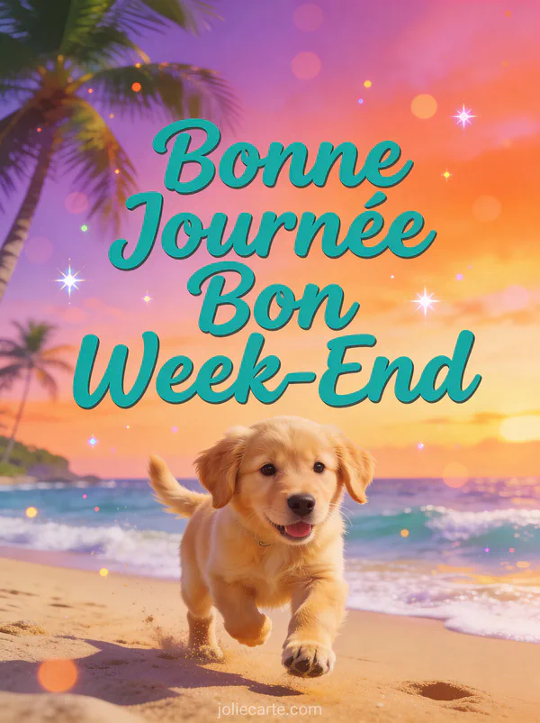 Chiot golden retriever jouant sur une plage tropicale au coucher du soleil avec le texte Bonne Journée Bon Week-End